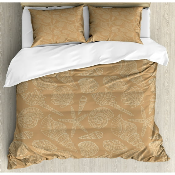 Muted Colors Duvet Cover Set, Underwater Seashell Cockleshell Starfish Oyster Beach Ornamental Boho Art, Decorative 3 Piece Bedding Set with 2 Pillow Shams, King Size, Sand Brown, by Ambesonne