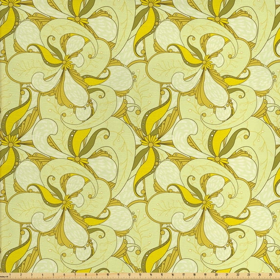Muted Colors Upholstery Fabric by the Yard, Retro Summer Flowers and Leaves, Decorative Fabric for DIY and Home Accents, Pale Yellow Earth Yellow by Ambesonne