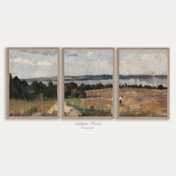 Muted Country Split Landscape Vintage Farmhouse Wall Art Print Set 3 Stretched Canvas 8x12