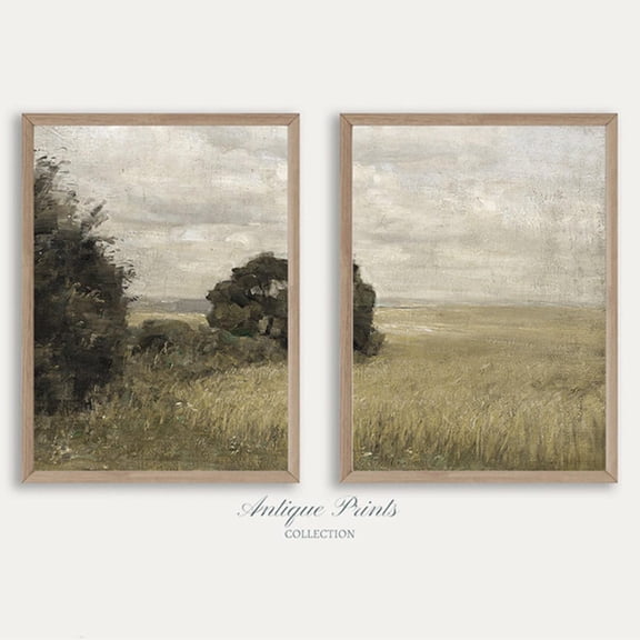Muted Country Split Neutral Landscape Rustic Farmhouse Wall Art Set 2 Stretched Canvas 12x18