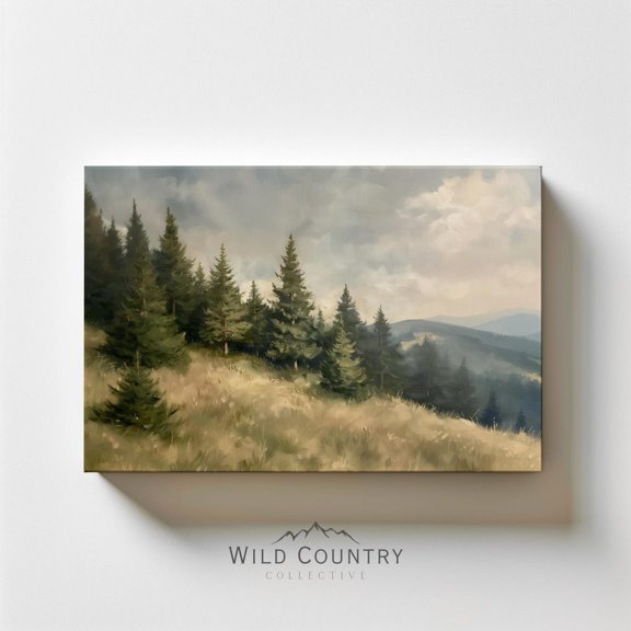 Muted Forest Rolling Hills Evergreen Pine Tree Landscape Cabin Poster