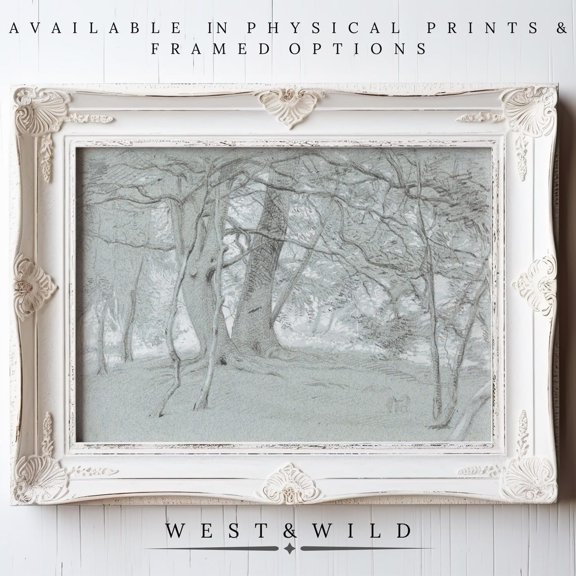 Muted Forest Wall Arts Vintage Forest Artwork Of Tree Landscape With Muted Colors Neutral Light Mint Green, Unframed Paper Print