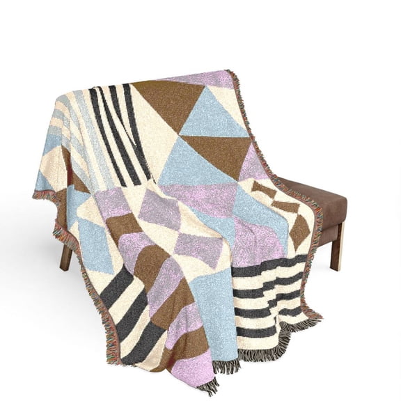 Muted Geometric Patchwork Woven Throw Blanket, 100% Cotton, Lavender Brown Black and Cream, Modern Home Accent