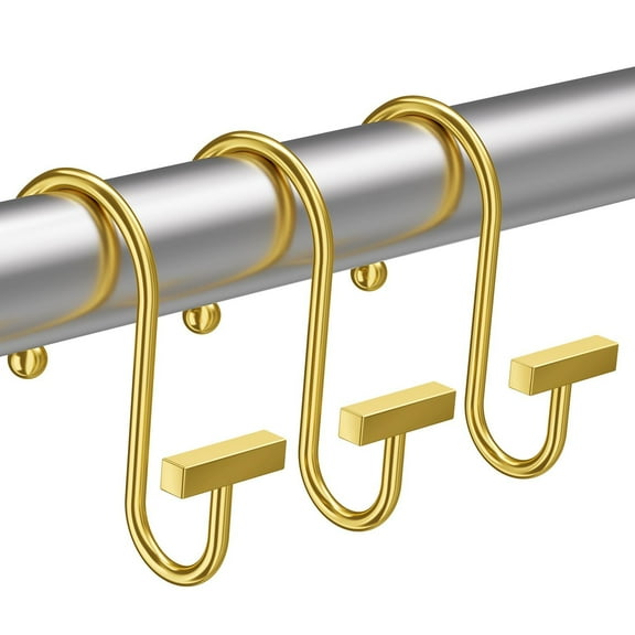 Muted Gold Shower Curtain Hooks, Shower Curtain Rings Rust Proof, 12PCS Shower Hooks for Shower Curtain, T-Bar Design Convenient Elegant Shower Curtain Hangers for Bathroom Kitchen Wardrobe