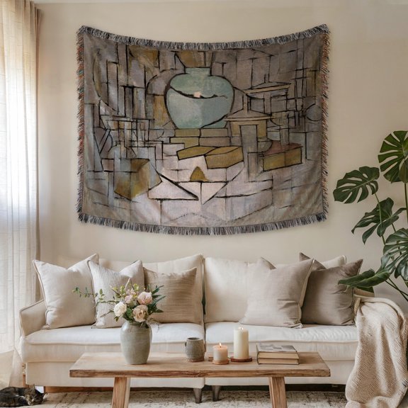 Muted Gray, Blue-Green and Ochre Geometric Still Life Woven Blanket, 100% Cotton, Cubist-Inspired Home Accent