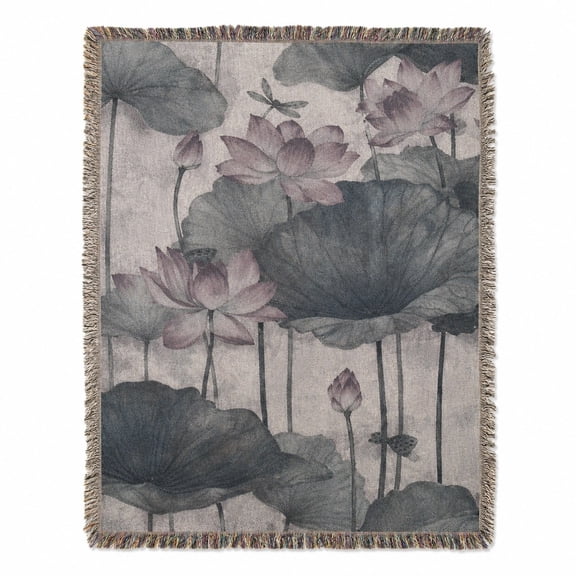 Muted Gray Lotus Floral Woven Throw Blanket, Cotton with Fringed Edges, Vintage Botanical Decor for Living Room and Bedroom