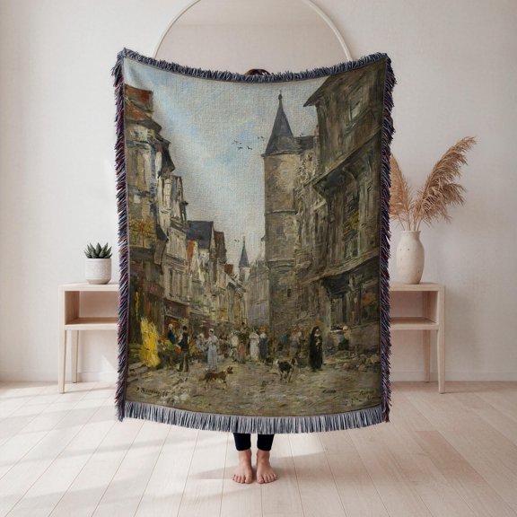 Muted Gray, Olive and Ochre Old European Street Scene Woven Blanket, 100% Cotton, Vintage-Inspired, for Living Room