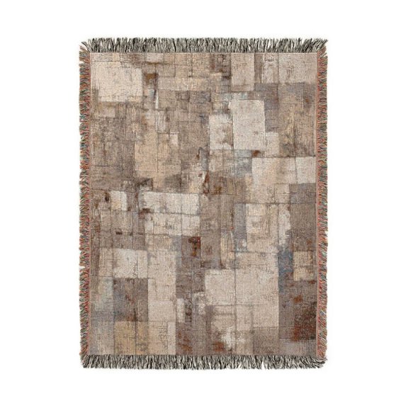 Muted Gray and Beige Abstract Patchwork Woven Blanket, 100% Cotton, Modern Geometric Living Room Accent
