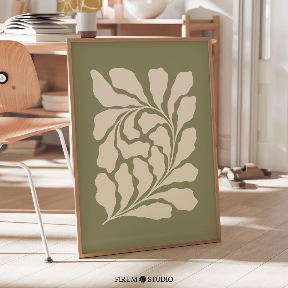 View of Muted Green Abstract Botanical Art, Sage Green Japandi Boho Print ...