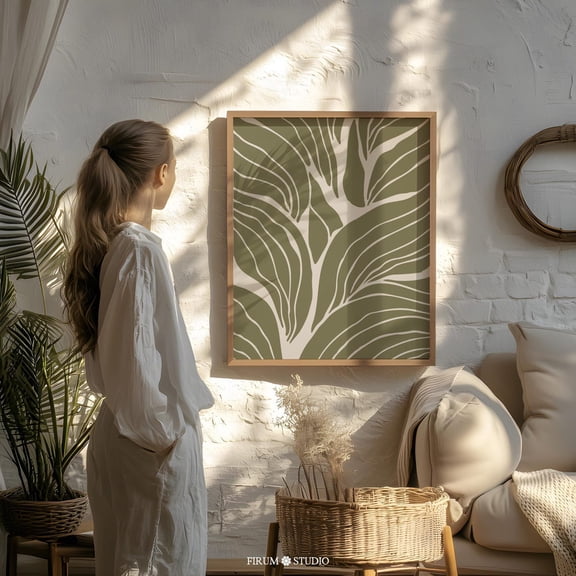 Muted Green Botanical Mid-century Modern Stylish Decorative Design Statement Accent Interior Wall Art