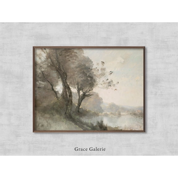Muted Green Landscape Art Print, Riverside, Soft Tones Home Decor #2304, 16x24 UNFRAMED