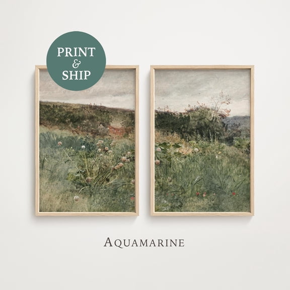 Muted Green Meadow Diptych Landscape Prints Wildflower Field Prints Mailed Wall Art Prints LS038D Set 2