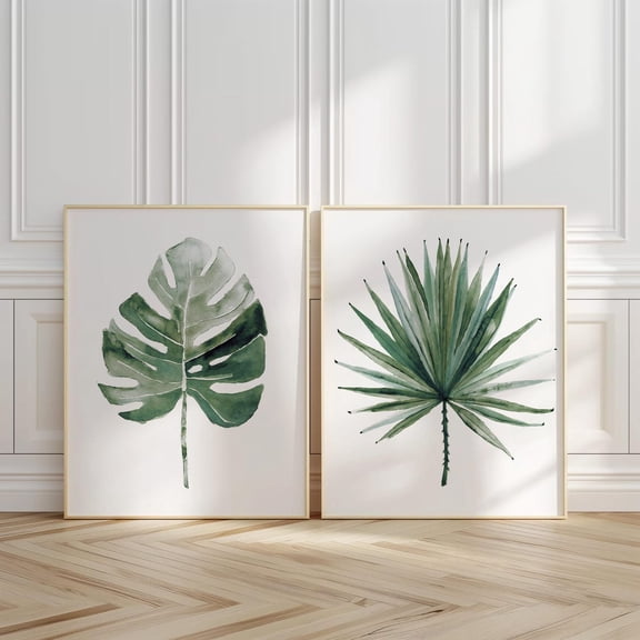 Muted Green Monstera Deliciosa Palmetto Leaf Botanical Living Room Wall Art Set 2 Stretched Canvas 8x12