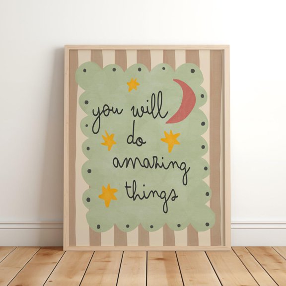 Muted Green Moon Print Inspirational You Will Do Amazing Things Wall Art Boho Nursery Saying Phrases Cottagecore Illustration, Unframed Paper Print