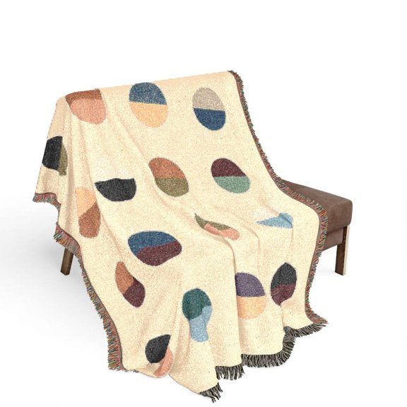 Muted Multicolor Two-Tone Circle Grid Woven Throw Blanket, 100% Cotton, Modern Geometric Style