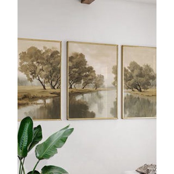 Muted Olive Green Vintage Riverside Posters, Earthy Landscape Nature Wall Art, Poster Only