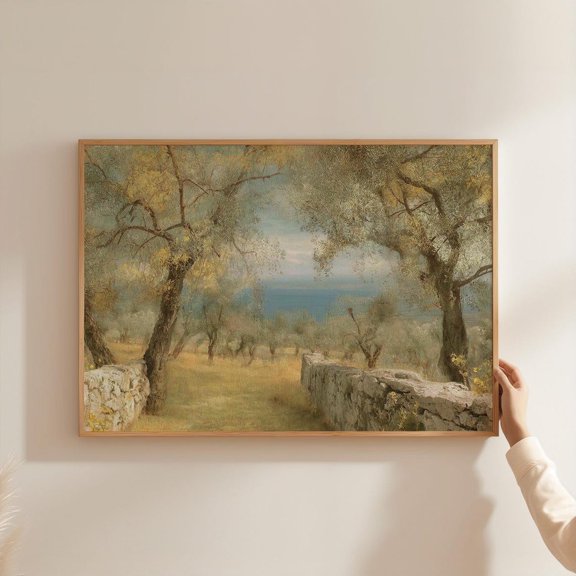 Muted Olive Grove Giclee Distant Sea Design, Unframed Poster