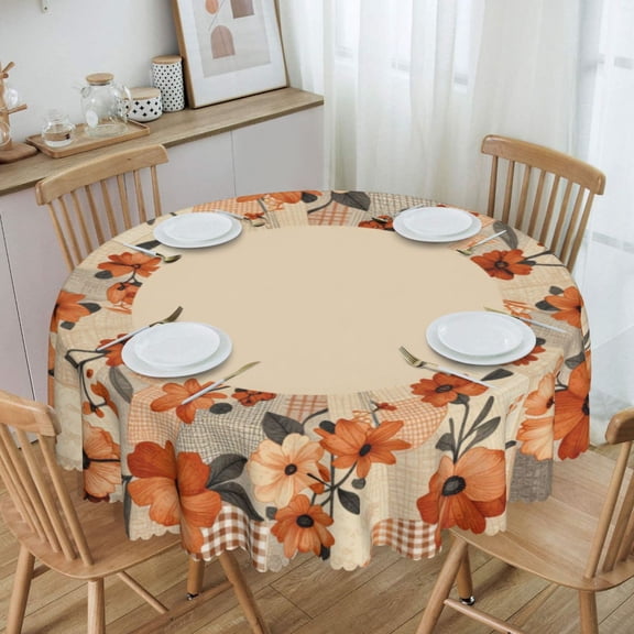 Muted Orange Vintage Floral Wreath Round Tablecloth Waterproof Oil Proof Spill Proof Table Cloth 70" for Camping, Dining, Indoor and Outdoor Table Cover