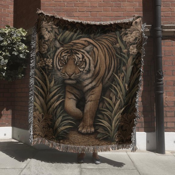 Muted Orange and Black Tiger with Dark Green Tropical Foliage Woven Blanket, 100% Cotton, Ornate Botanical Decor