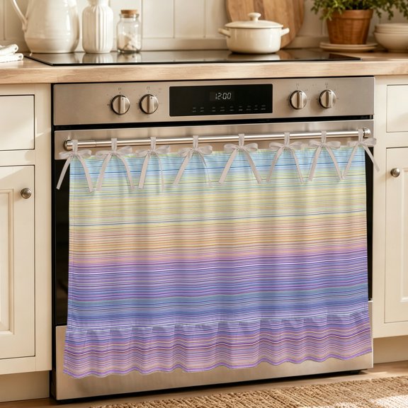 Muted Rainbow Stripes Oven Skirt with Ribbon Ties&Ruffled Trim - Modern Neutral Design Handmade Oven Curtain for Dishwasher, Washing Machine Cabinet Effortless Install, Hide Clutter 30"x21.5"