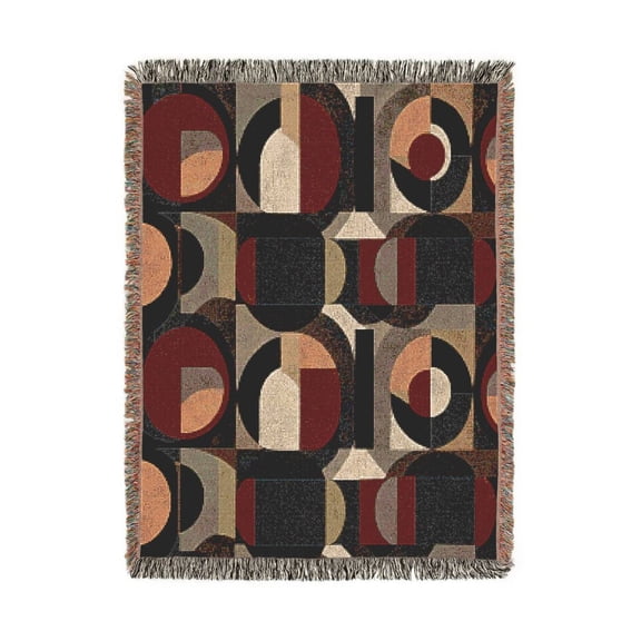 Muted Rust Charcoal Geometric Woven Throw Blanket, 100% Cotton, Mid-Century Abstract Style for Living Room