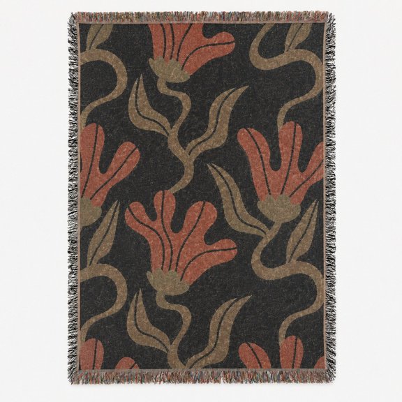 Muted Rust and Olive Abstract Botanical Woven Throw Blanket, 100% Cotton, Retro Organic Style for Living Room Decor