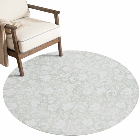 Muted Sage Flower Washable Round Area Rug 5 ft, Vintage Green Botanical Floral Leaf Scrolls Soft Non‑Slip Rugs Stain Repellent Indoor Mats for Living‑Room Corner, Breakfast Nook, Sunroom