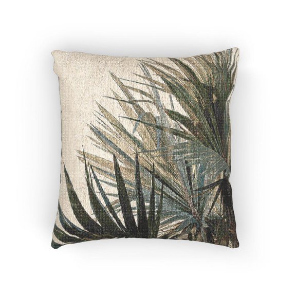 Muted Sage Green and Olive Palm Fronds Woven Pillow, Cotton-Polyester Shell, Tropical Botanical Style