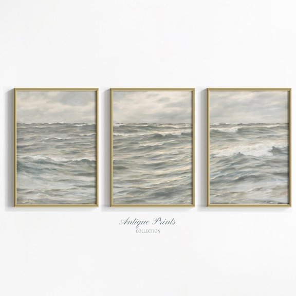 Muted Seascape Vintage Ocean Waves Beach Living Room Wall Art Set 3 Unframed Paper Print 16x24