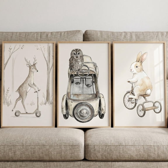 Muted Sepia Transport Animals Wall Art Set Of 3 Woodland Nursery Decor Watercolor Deer Rabbit Owl Vintage Illustration Kids Room Print Set 3