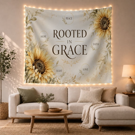 Muted Sunflowers with Leafy Branches and Phrases on Cream, Inspirational Rustic for Plant Lovers, Botanical Wall Art Decor, Birthday Gift, Tapestry Wall Hanging for Bedroom and Dorm