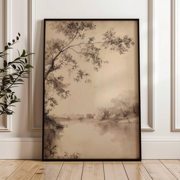 Muted Tree and River Landscape Print | Peaceful Scenery | Farmhouse Decor | Neutral Sepia Art | Vintage Forest Painting | Neutral Tone Print (Unframed)