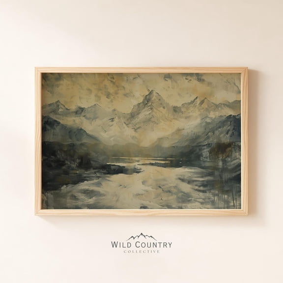 Muted Vintage River Painting Mystic Mountain Dark Moody Modern Landscape Painting Antique Rustic Forest Poster Unframed Paper Print