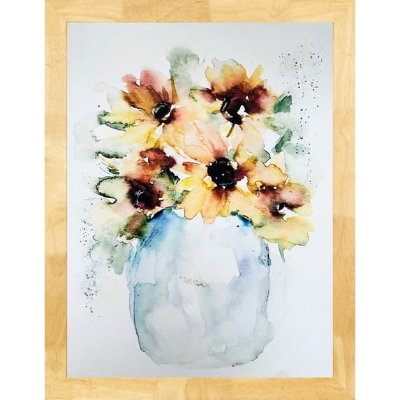 Muted Warm Vase Sunflower Wall Art Print, Watery Blue, Loose Floral ...