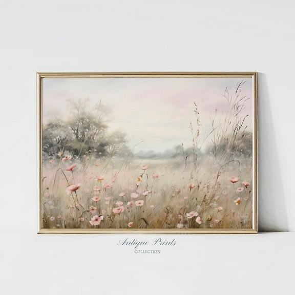 Muted Wildflower Field Poster, Vintage Neutral Country Wall Art, Meadow Landscape, Antique Rustic Farmhouse Decor, 699, Unframed Poster Size 8x12