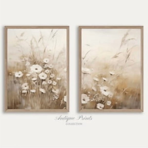 Muted Wildflower Painting, Neutral Beige Floral Set of 2 Prints, Soft Tones Country 2 Pieces Wall Art, Farmhouse Decor, Poster Only
