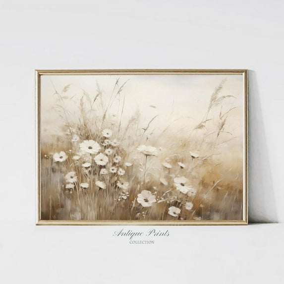 Muted Wildflower Wall Art, Neutral Beige Floral, Soft Tones Country Landscape Poster, Farmhouse Decor,, Unframed Canvas Size 8x12