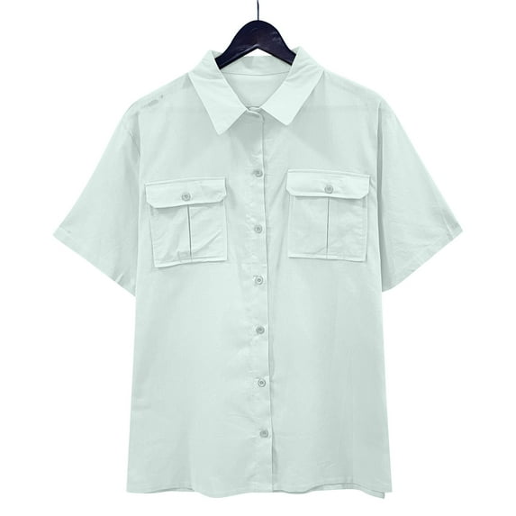 Mutghys Button Down Shirts for Women Lapel Sloid Color Cottons Linen Short Sleeved T Shirts with Pocket Soft Comfortable Casual Dailywear Vacation Short Shirts