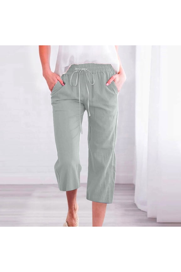 Capris Pants for Women Drawstring Elastic Waist Cotton Linen Pants with Pockets Loose Breathable Casual Pants S-3XL