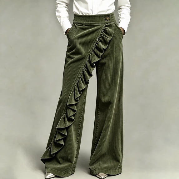 Mutghys Corduroy Pants Women Button Asymmetric Ruffle High Waisted Wide Leg Pants with Pockets Vacation Shopping Winter Warm Comfy Casual Pants S-2XL