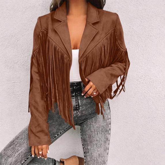 Mutghys Fringe Jacket for Women Lapel Solid Color Cropped Jackets Daily Party Slim Comfy Winter Outerwear
