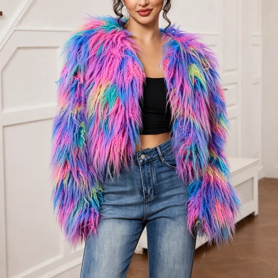 Mutghys Fur Coats for Women Colorful Block Open Front Short Fuzzy Faux Fur Jacket Party Vacation Bar Winter Warm Soft Comfortable Fashion Outerwear,S-3XL