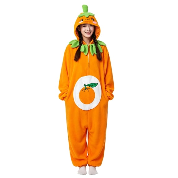 Mutghys Halloween Onesie Adult Orange Fruit Fleece Full Zip Hooded Homewear Festival Cosplay Soft Comfy Warm Winter Bodysuit
