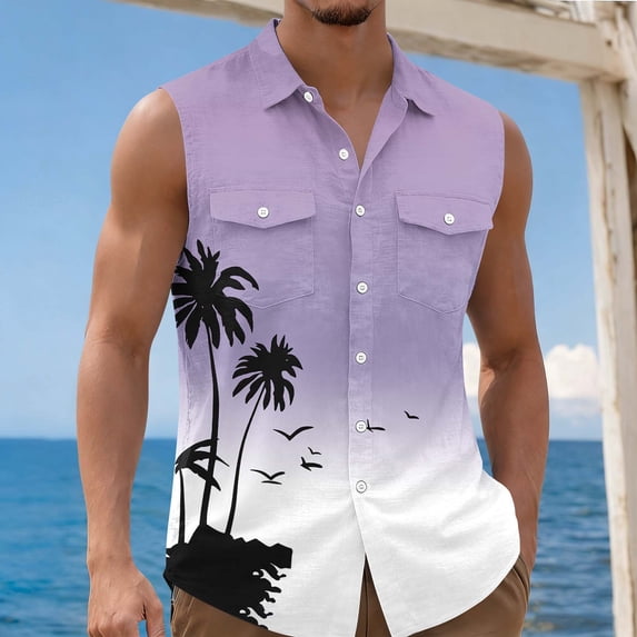 Mutghys Hawaiian Shirts for Men Sleeveless Graphic Lapel Button-up Shirts Vintage Handsome Breathable Versatile Beach Casual Shirts