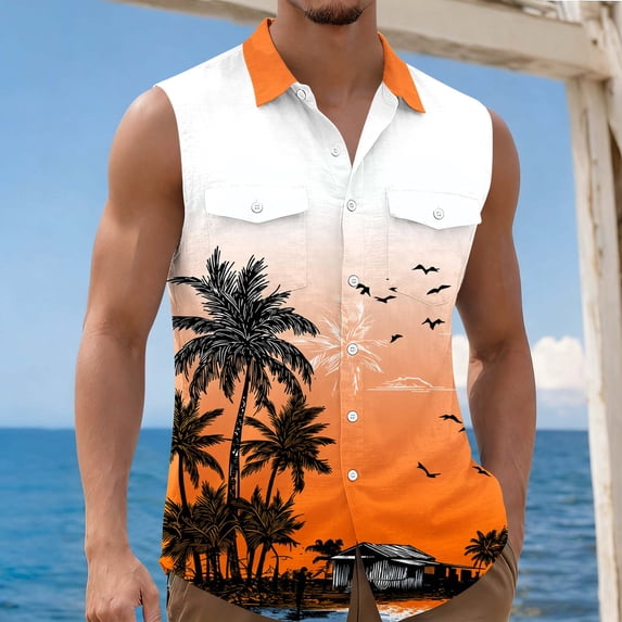 Mutghys Hawaiian Shirts for Men Sleeveless Graphic Lapel Button-up Shirts Vintage Handsome Breathable Versatile Beach Casual Shirts
