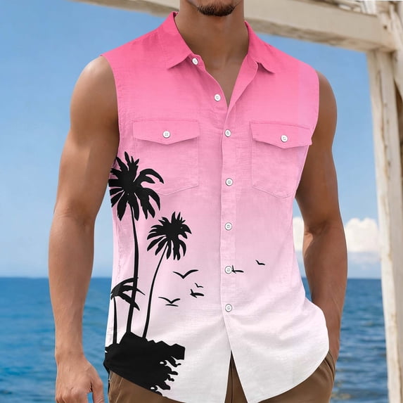 Mutghys Hawaiian Shirts for Men Sleeveless Graphic Lapel Button-up Shirts Vintage Handsome Breathable Versatile Beach Casual Shirts