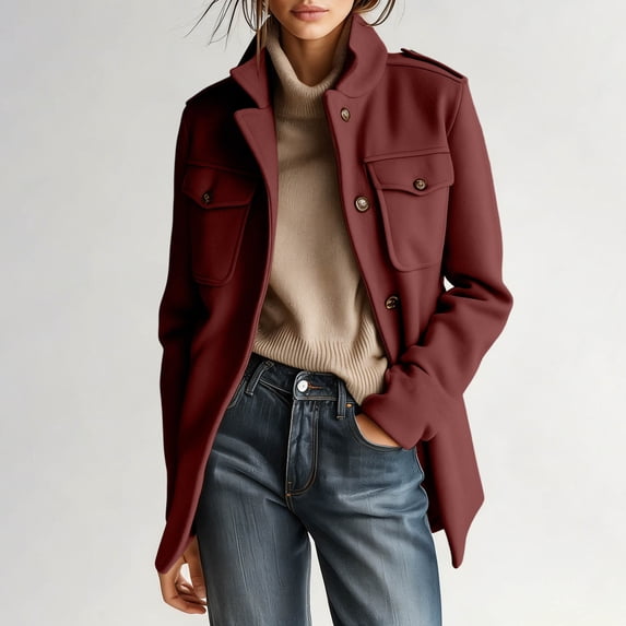 Mutghys Jacket for Women Button Down Stand Collar Long Sleeve Solid Outerwear with Pockets Home Daily Working Winter Warm Comfy Casual Coat S-3XL