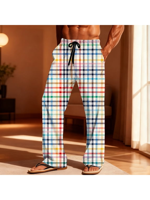 Plaid Pajama Pants for Men Elastic Waist Drawstring Sleep Pants with Pockets Home Relaxing Soft Comfy Casual Pants S-3XL