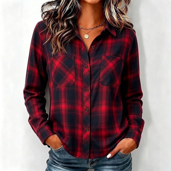 Mutghys Shirts for Women Plaid Button Down Lapel Long Sleeve Outerwear with Pockets Home Daily Loose Comfy Fall Winter Trendy Jacket S-2XL