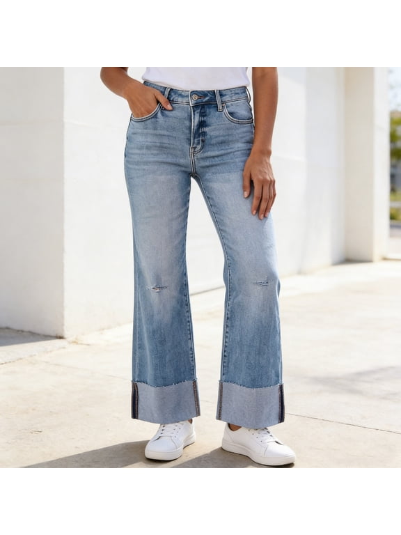 Wide Leg Jeans for Women Cuffed Hem High Waisted Button Zipper Solid Color Denim Jeans with Pockets Weekend Vacation Daily Loose Comfy Jeans S-2XL